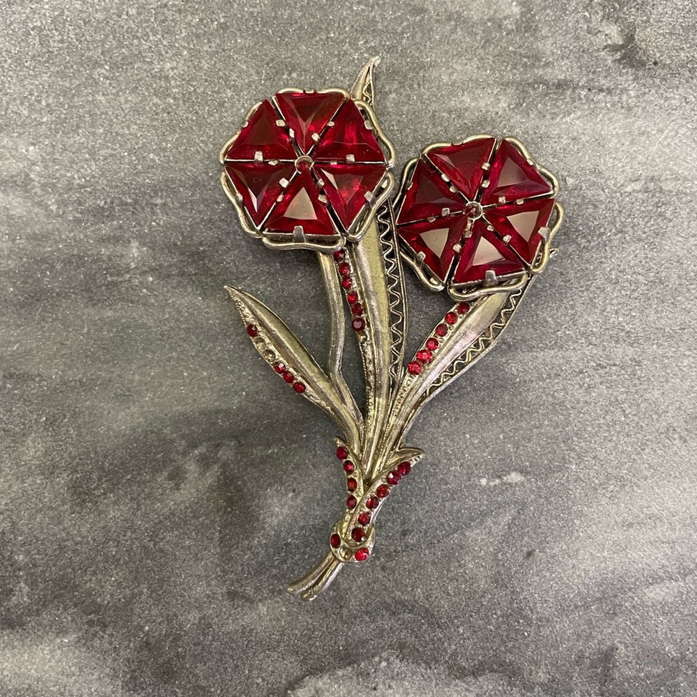 Vintage Red Glass Floral Brooch